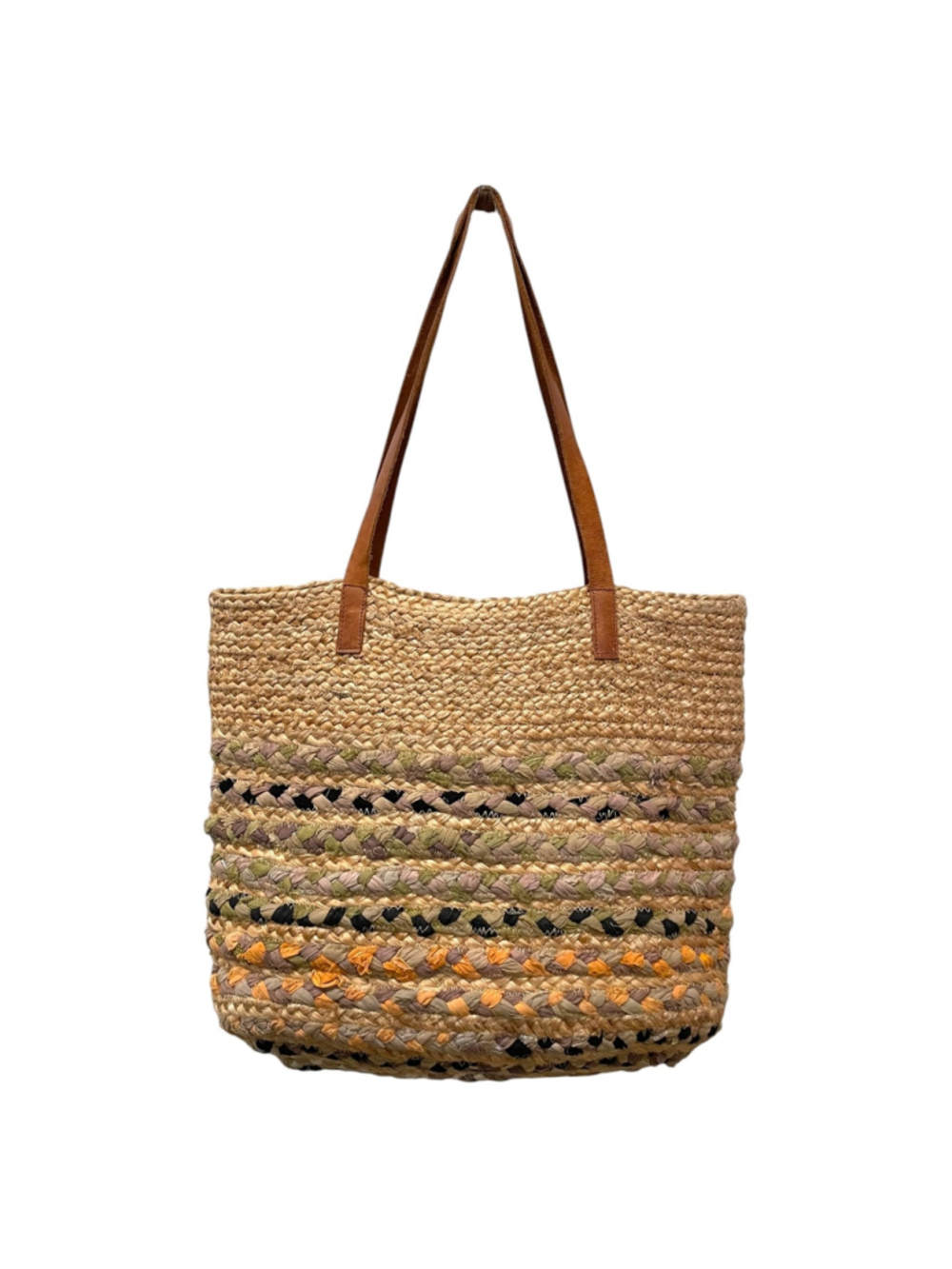 Magid Woven Straw and Jute Tote Shoulder Bag Leather Straps Boho